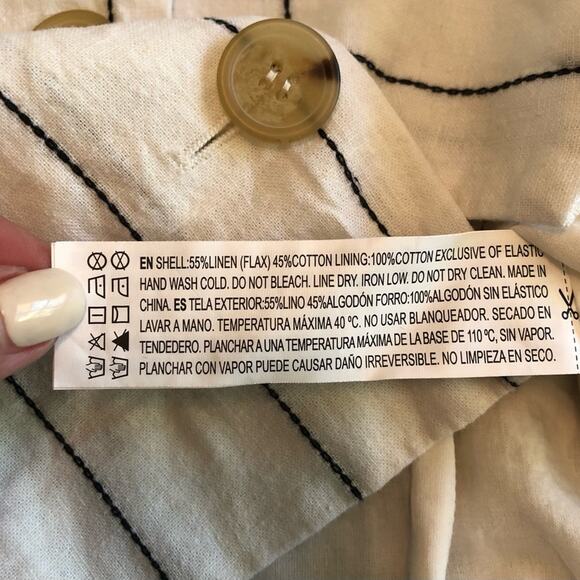 Boho Linen Square Neck Puff Sleeve Pin Striped Cropped Top Women’s Small Cream - Picture 5 of 10